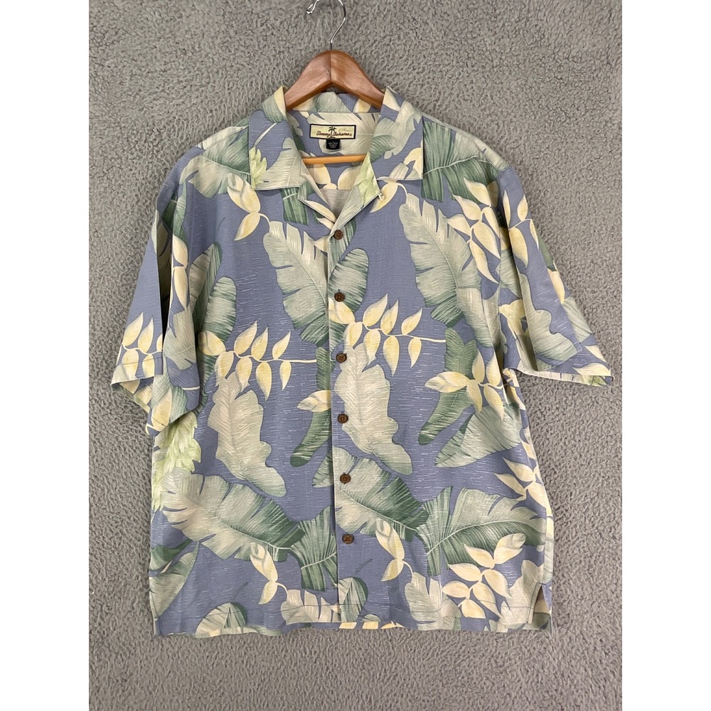 Tommy Bahama Shirt Mens XL Blue Silk Tropical Palm Leaf Short Sleeve Camp Button
